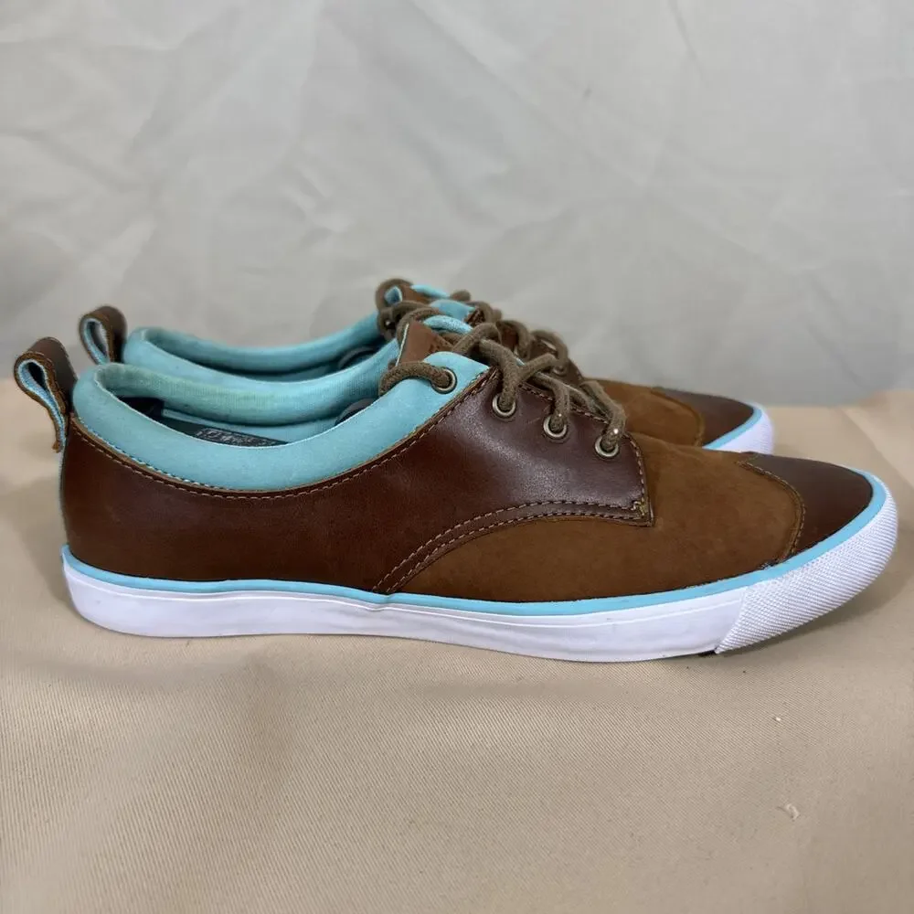 PF Flyers Womens 10 Brown Aqua Leather Low Top Sneakers Retro Preppy Casual
